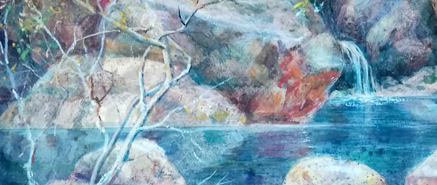 Watercolor rocky stream with cascading waterfall, bare branches by Vitaly Duhnevich