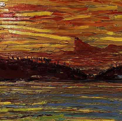 Oil painting The Glow by Serhiy Kovalev: desert sunset over silhouetted rocks