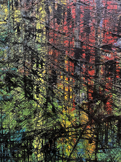 Oil painting Episode by Serhiy Kovalev: bold red, yellow, green, black strokes