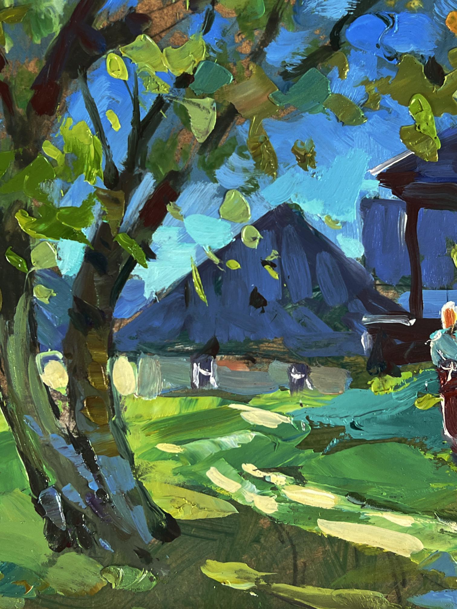 Vibrant impressionist oil painting by Yuriy Suprunchuk of sunlit garden near village houses