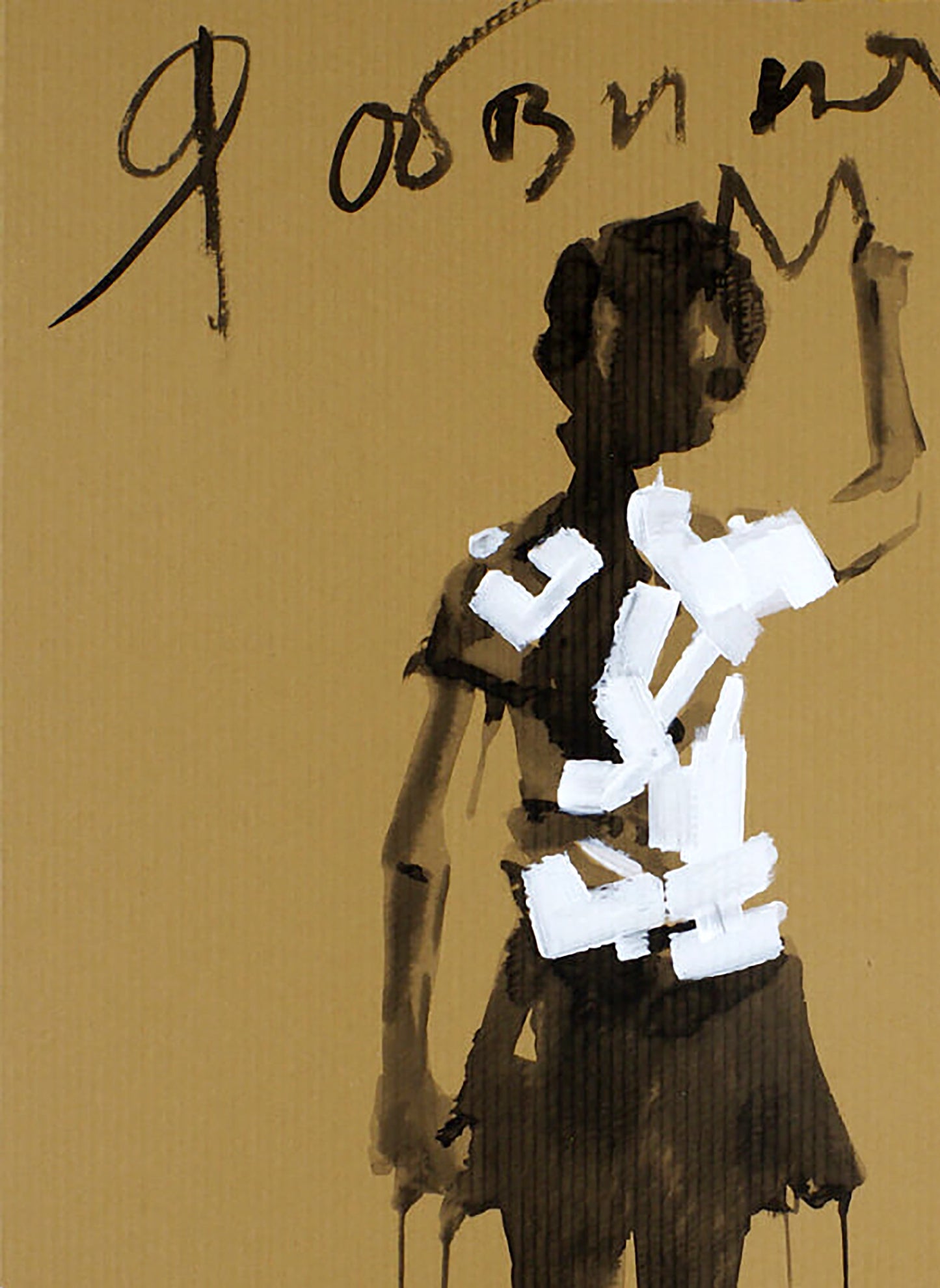 Stylized acrylic painting I blame the world by Dima Filatov, abstract figure on tan background