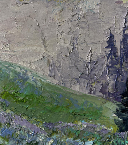 Oil painting of rugged cliffside mountain meadows by Boris Serdyuk