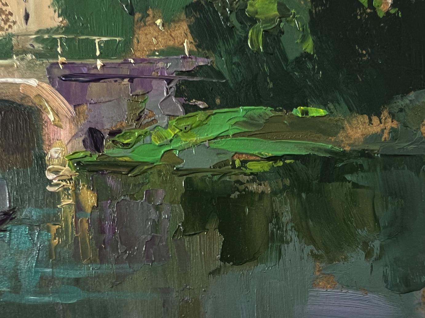 Oil painting of city bridge by Yuriy Suprunchuk in green, purple, earth tones