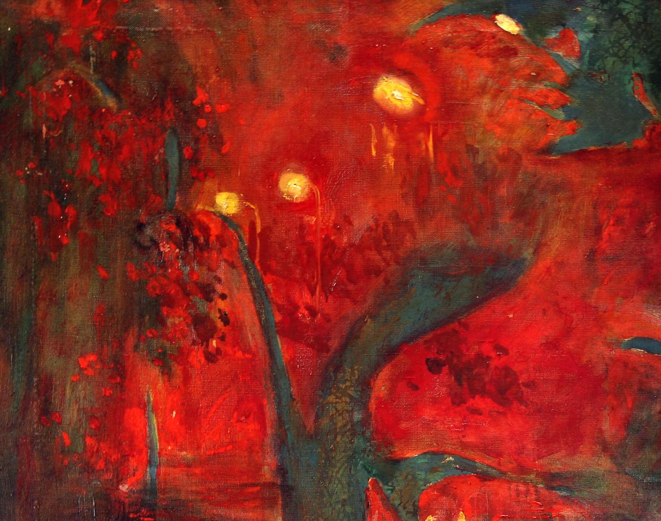 Vibrant Good Evening oil painting by Ed Potapenkov with reds, greens, yellow orbs
