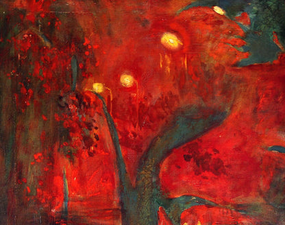 Vibrant Good Evening oil painting by Ed Potapenkov with reds, greens, yellow orbs