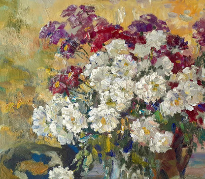 Vibrant oil painting of autumn flowers in rustic vase by Ivan Kovalenko