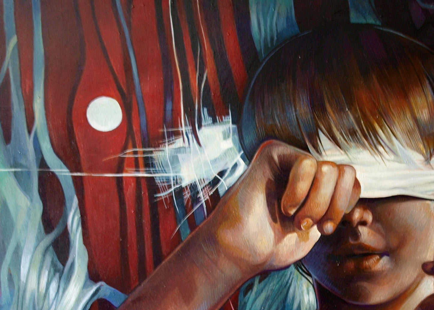 Oil painting of hand blindfolding child eyes, Silver Buddha by Konsta G. Amelinn