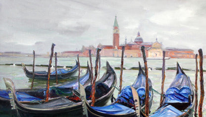 Oil painting of dark gondolas with blue covers in Venetian canal by Leonid Pavlenko
