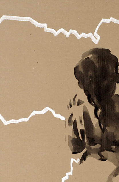 Dark ink-wash figure with flowing hair in Dima Filatov Country Border acrylic painting