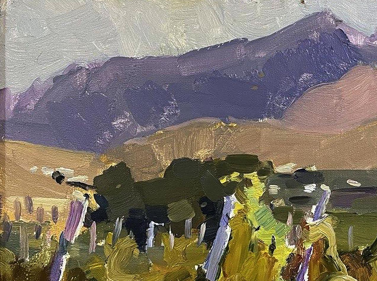 Oil painting Vineyards by Oleksandr Andreev, textured purple brown mountains