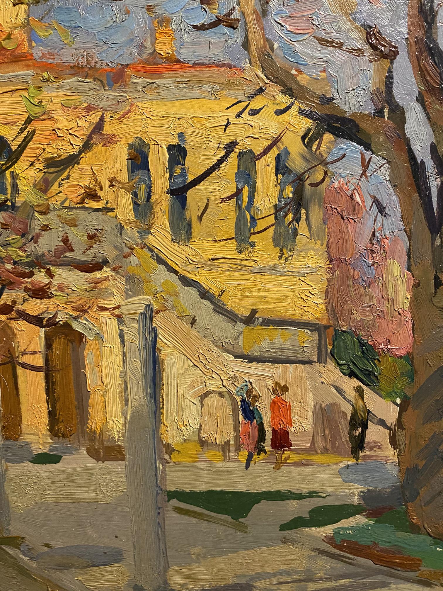 Vibrant impressionist oil painting by Mikhail Kobylenkov, Kherson Museum: yellow building, trees, figures