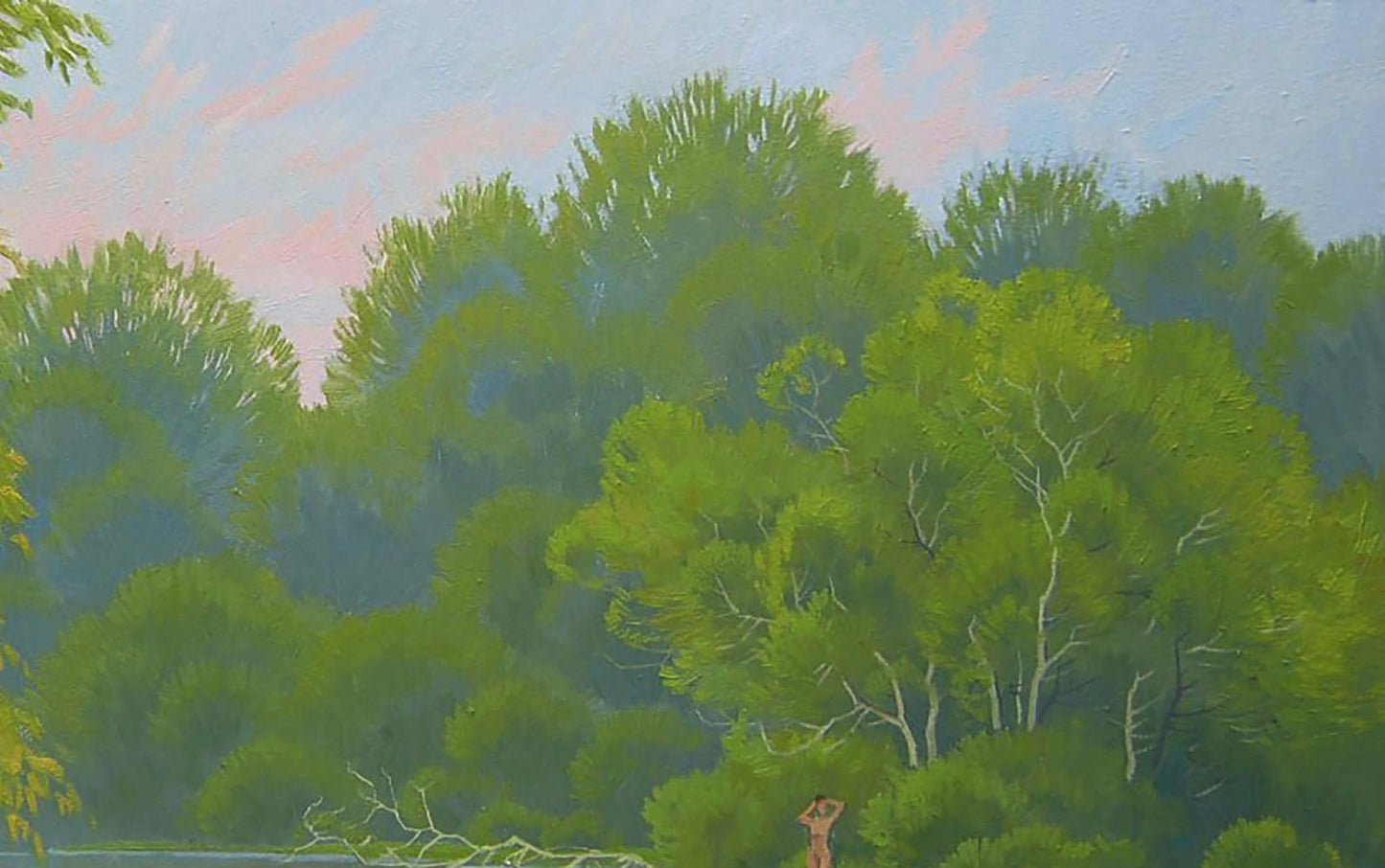 Serene Oil painting By the summer river by Valery Savenets lush green trees pink blue sky