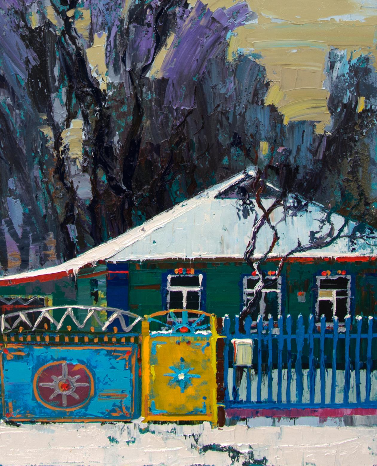 Oil painting of vibrant green house with white roof by Natalia Korf-Ivaniuk
