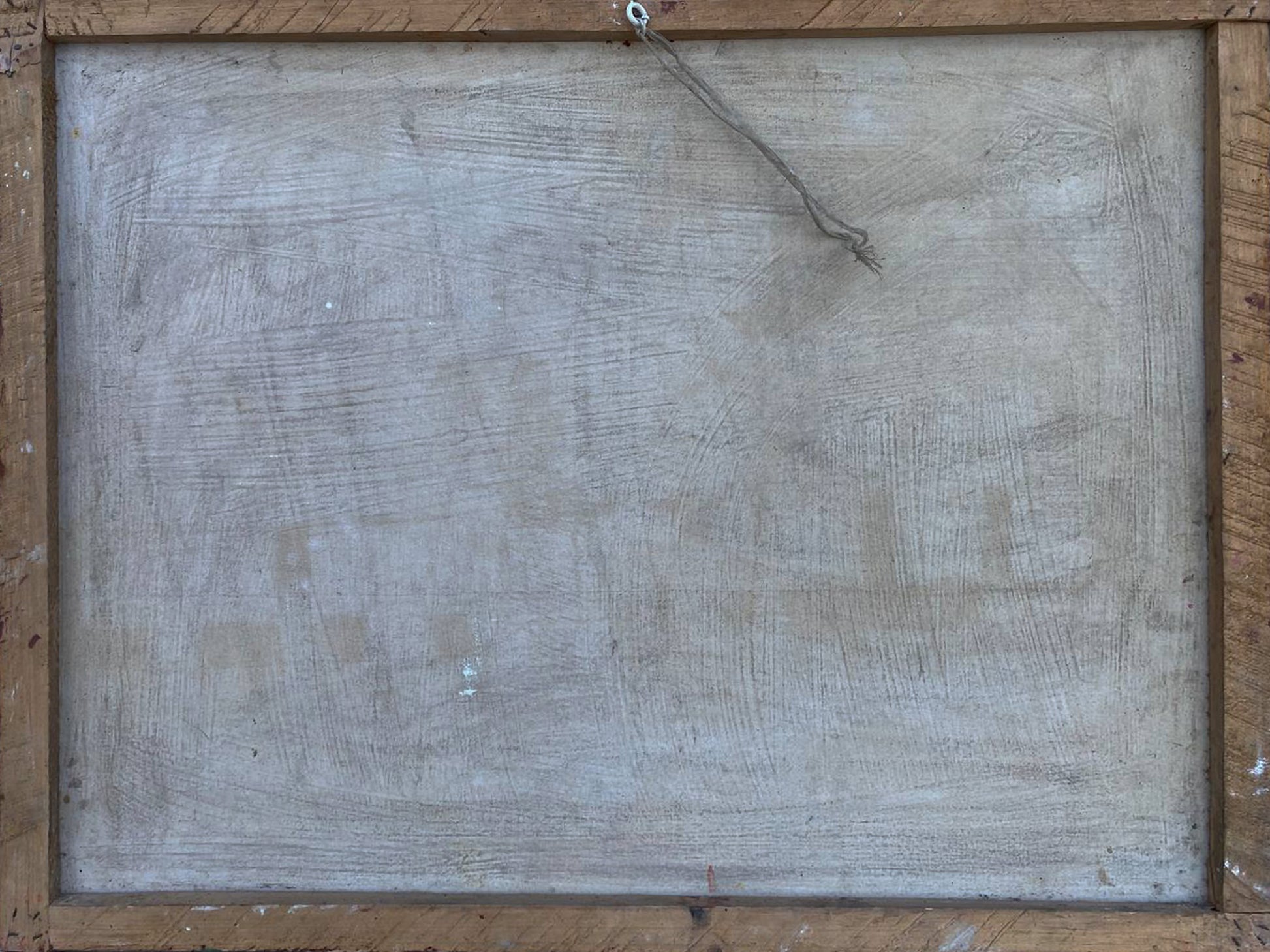 Weathered back of oil painting: couple in love near river, unknown artist
