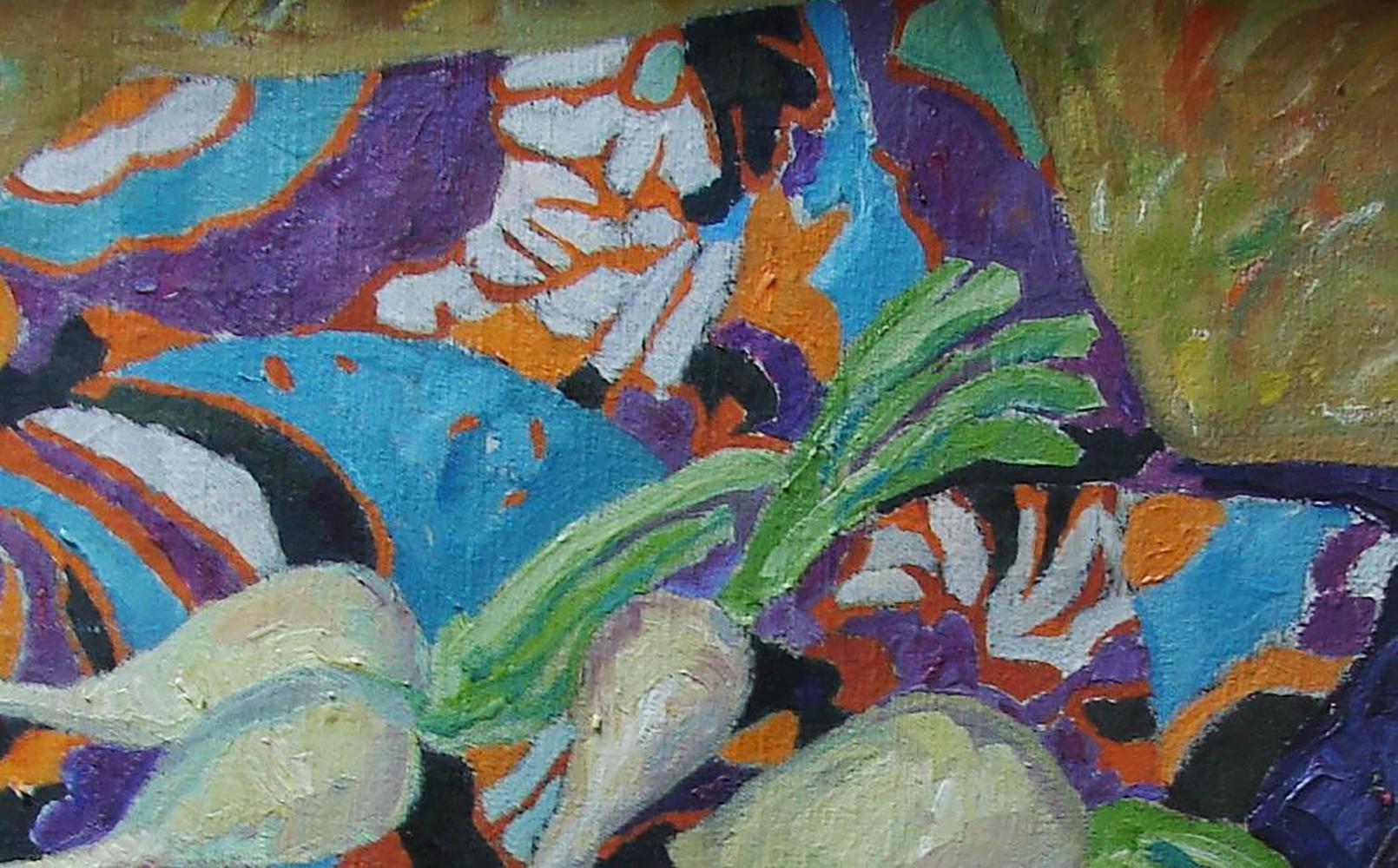 Vibrant oil painting Radish by Tatyana Shulyak with bold purple blue strokes