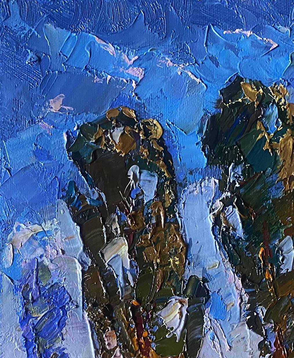 Oil painting On the Road by Oksana Ivanyuk with blue impasto and gold accents