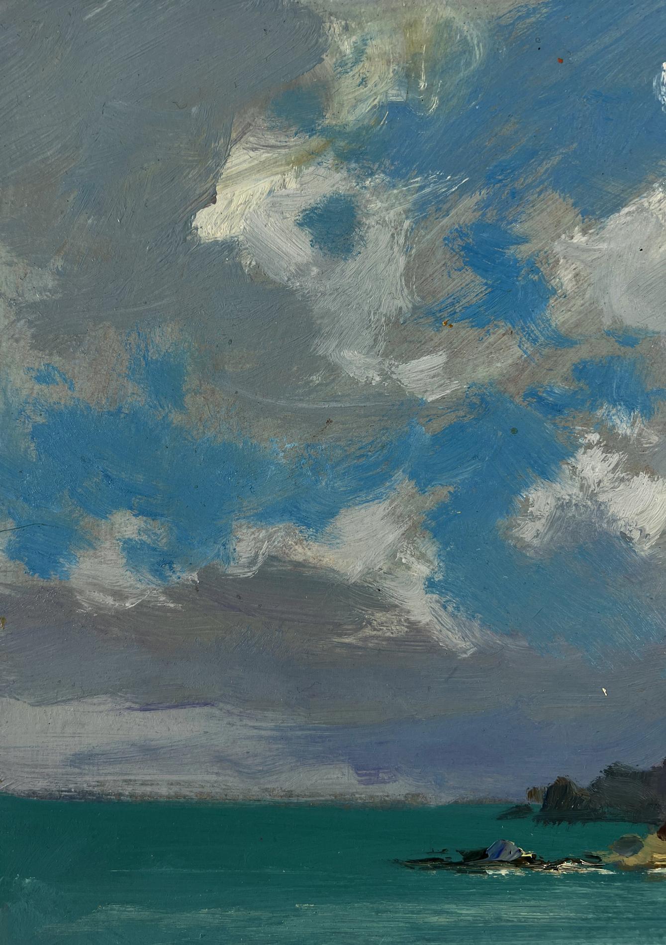 Oil painting Coast with lighthouse by Yuriy Suprunchuk, swirling sky over turquoise sea