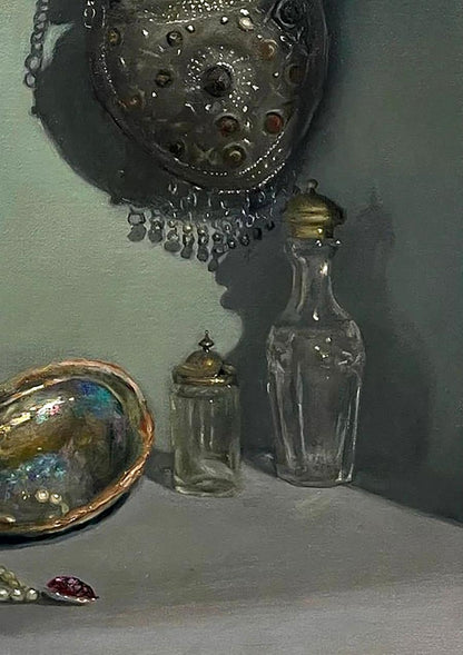Tarnished silver mirror with crystal beads in Annam Butt pearl glass still life painting
