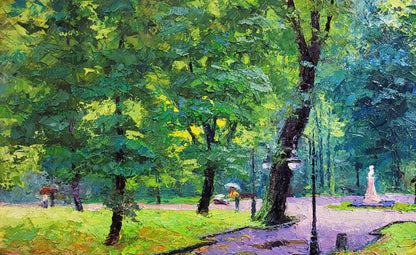 Vibrant impressionist oil painting of city park by Boris Serdyuk