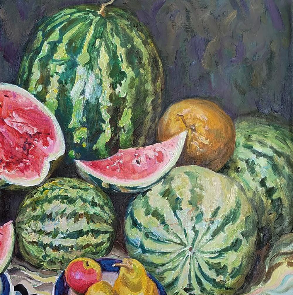 Oil painting of vibrant watermelons and melons by Leonid Pavlenko