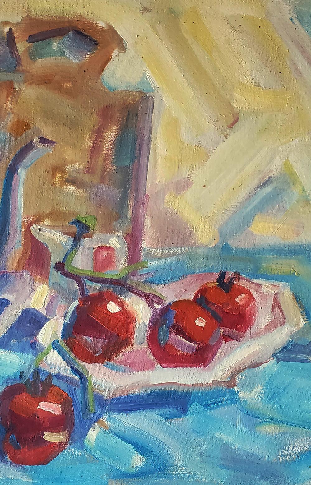 Oil painting of glossy red pomegranates on plate by Daniil Litvinov