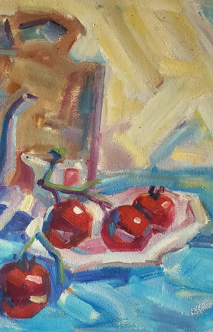 Oil painting of glossy red pomegranates on plate by Daniil Litvinov