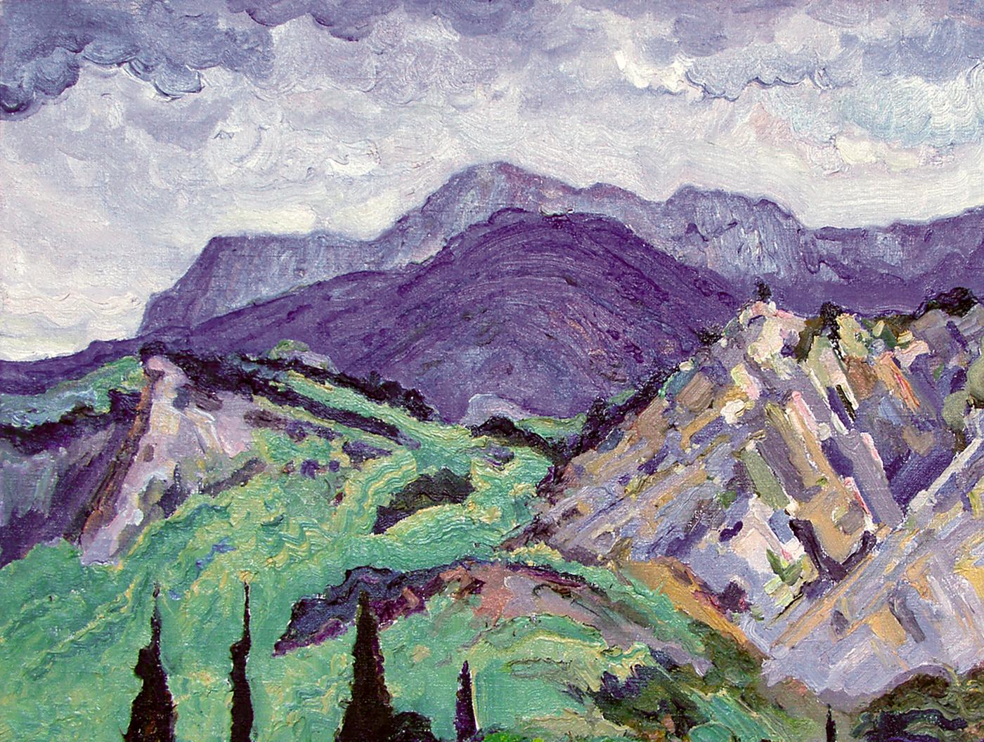 Oil painting Spring in the mountains by Leonid Pavlenko purple range under clouds