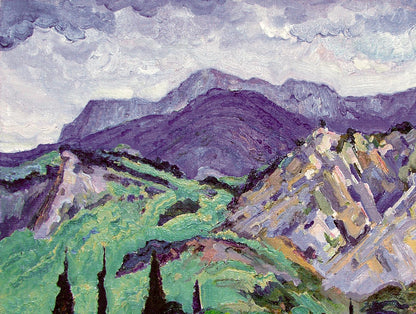 Oil painting Spring in the mountains by Leonid Pavlenko purple range under clouds