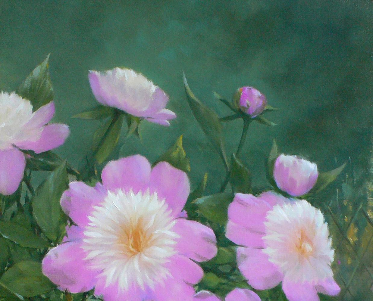 Oil painting of bright pink and white peonies by Vasily Korkishko