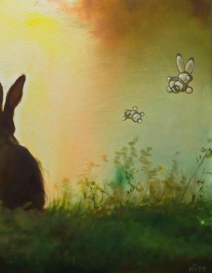 Whimsical oil painting of floating hares in fog by Igor Konovalov at sunset
