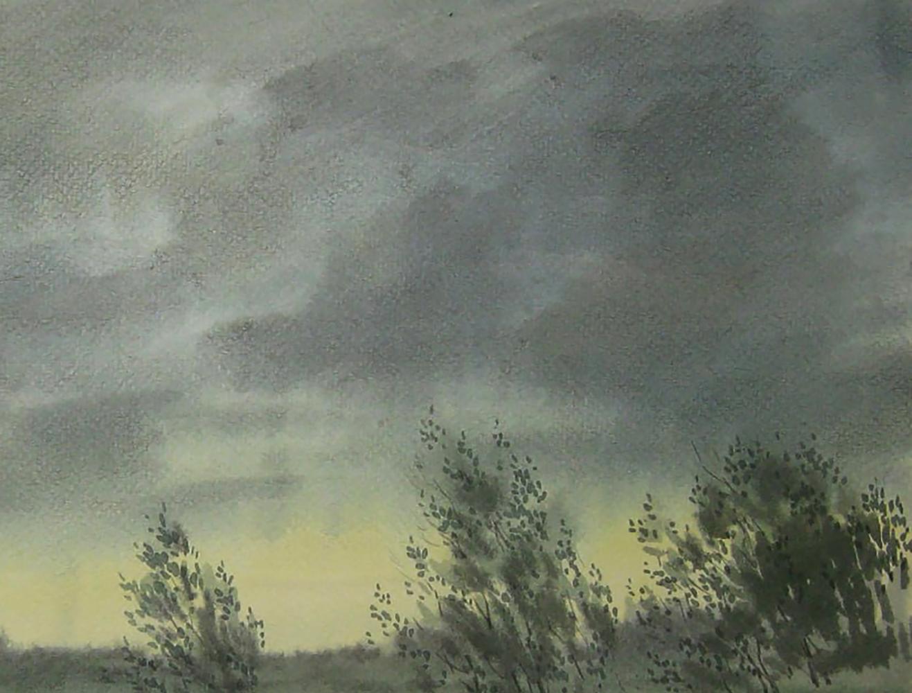 Watercolor painting of strong wind on river by Valery Savenets moody sky trees