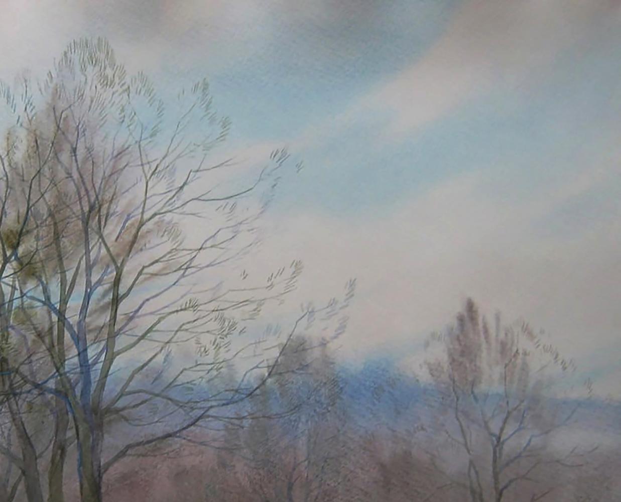 Watercolor painting of spring meadow in forest with bare trees by Valery Savenets