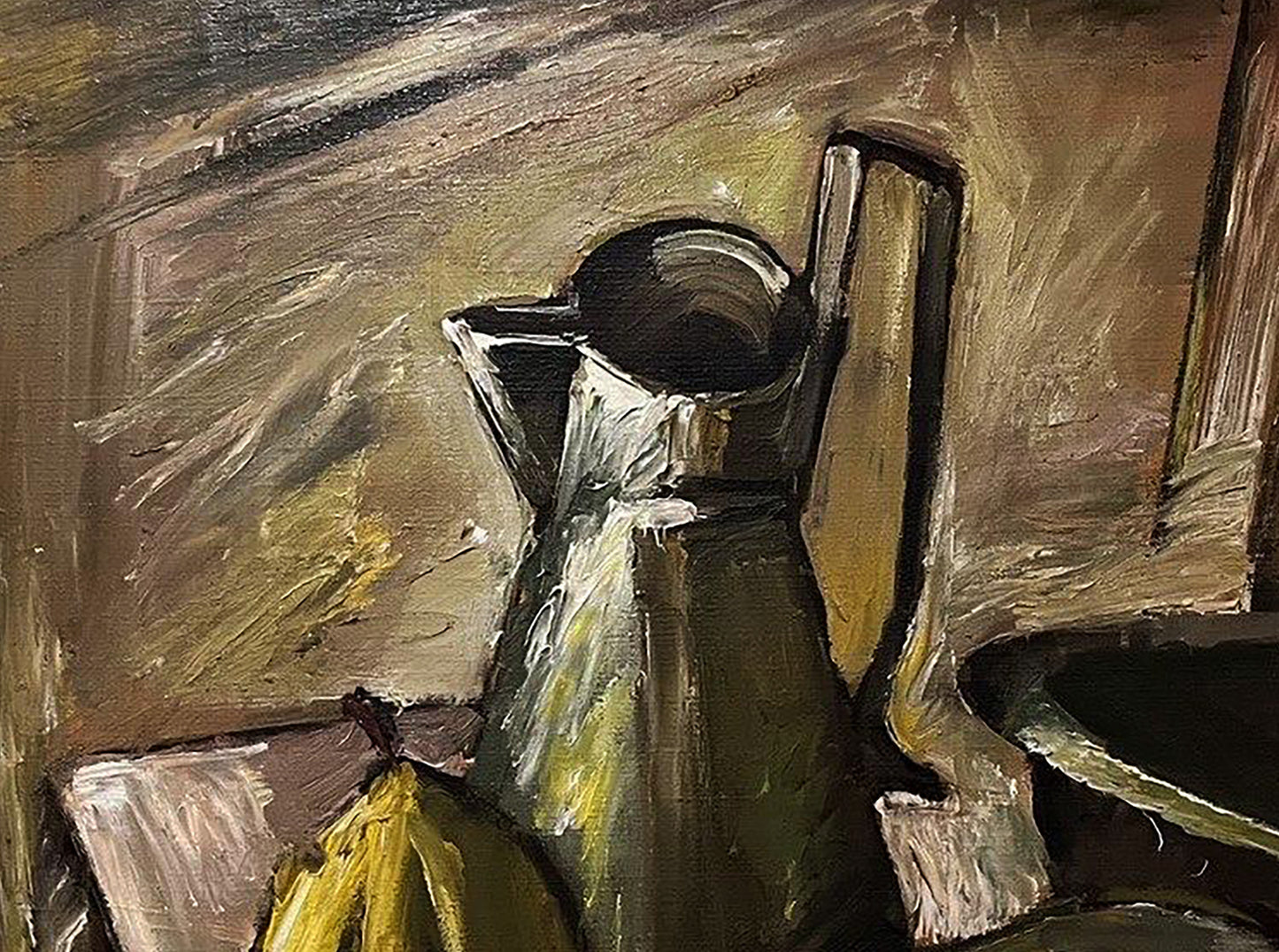 Dark green textured ceramic pitcher in Oleksandr Andreev quince still life