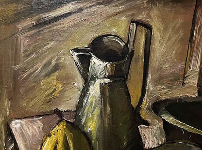 Dark green textured ceramic pitcher in Oleksandr Andreev quince still life