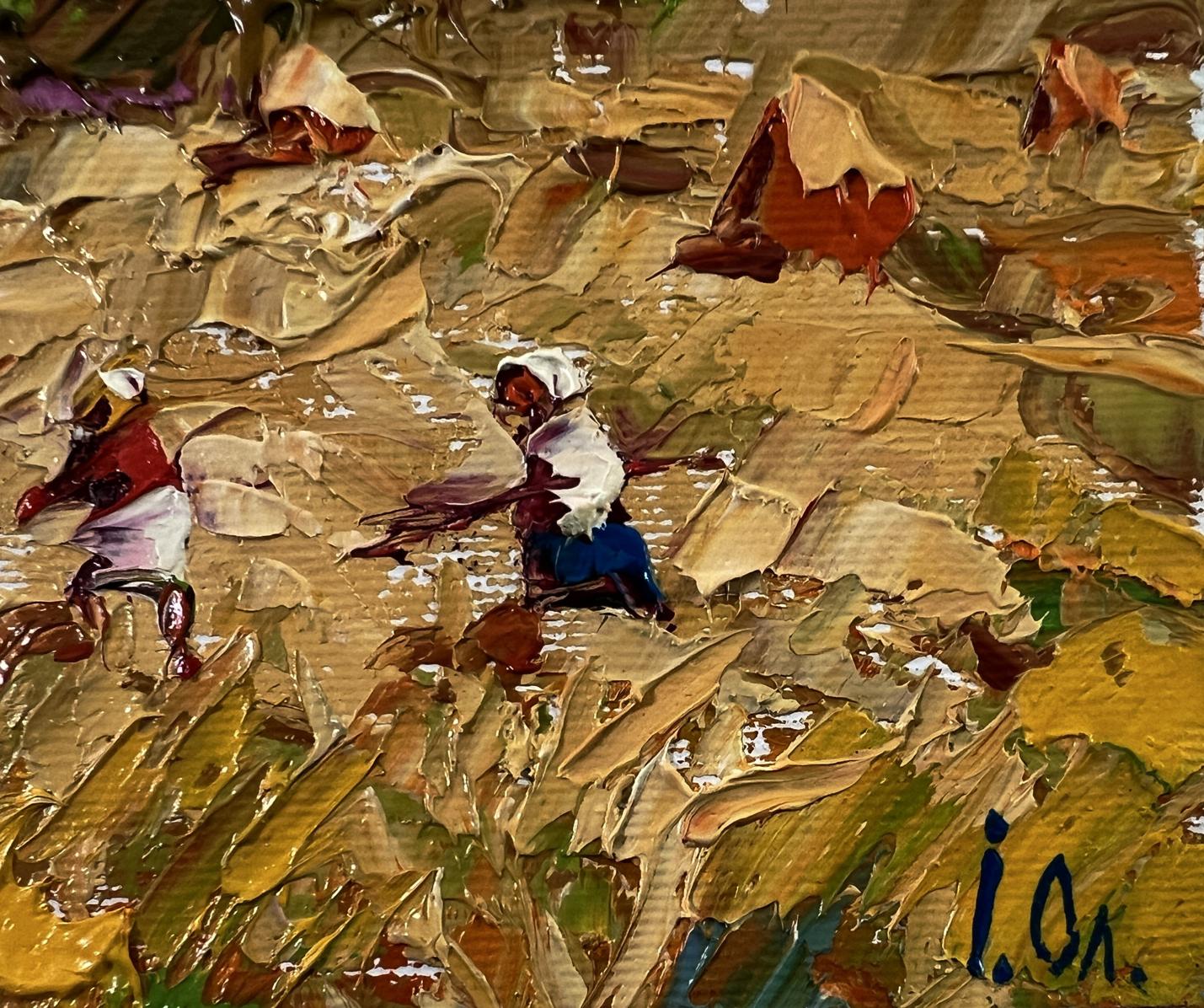 Impasto oil painting by Oleksiy Ivanyuk: harvesting hay in field