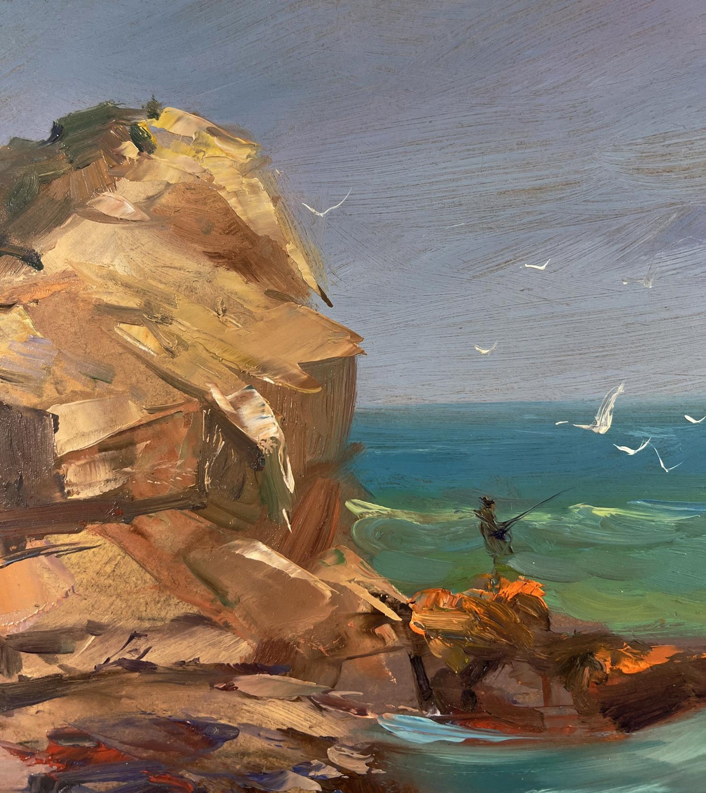 Oil painting of textured cliffside, turquoise sea, boat by Yuriy Suprunchuk