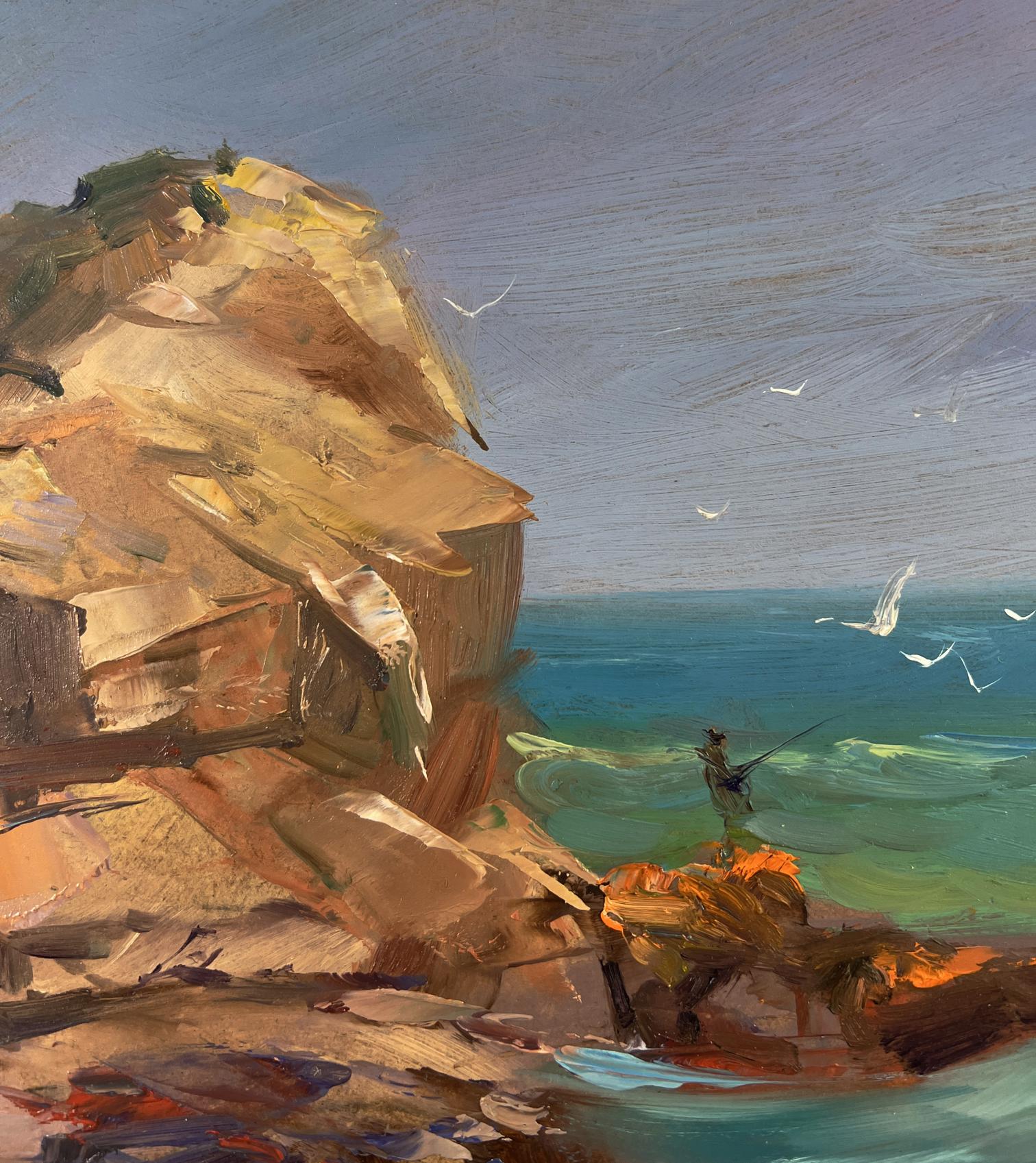 Oil painting of textured cliffside, turquoise sea, boat by Yuriy Suprunchuk