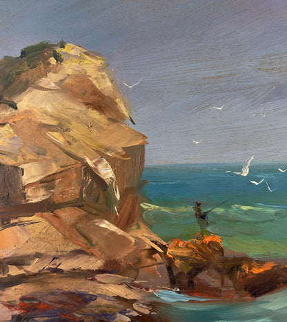 Oil painting of textured cliffside, turquoise sea, boat by Yuriy Suprunchuk