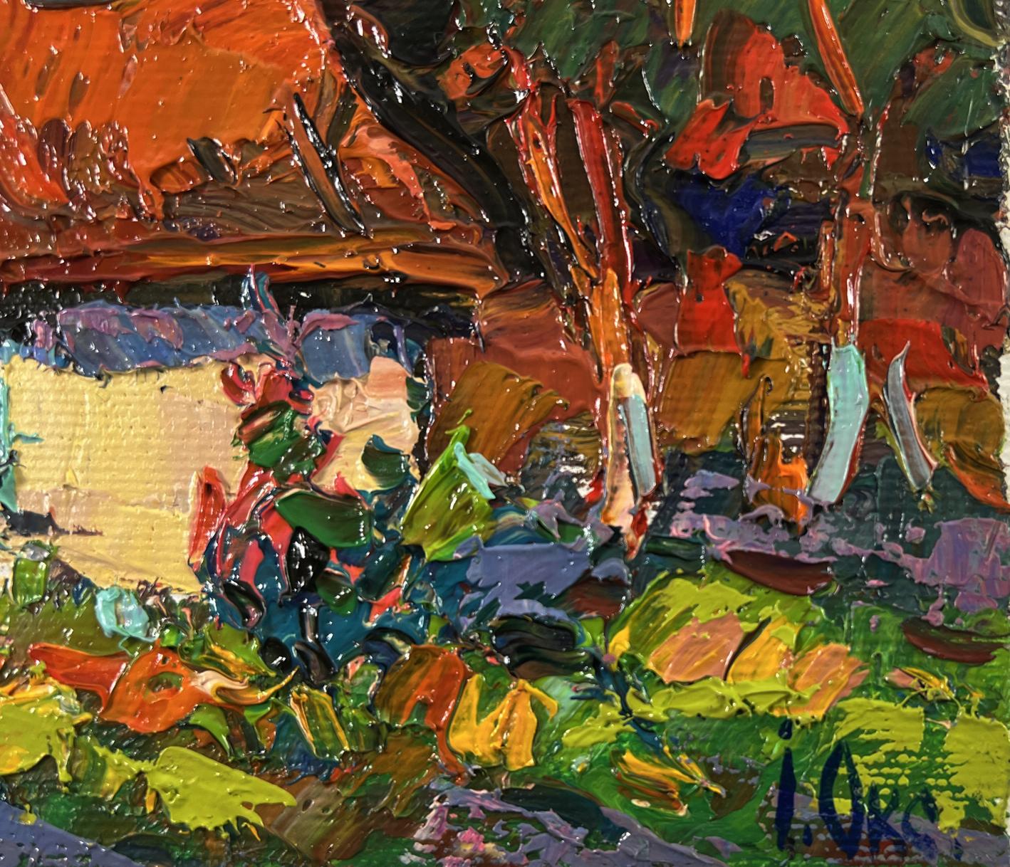 Vibrant impressionist oil painting Evening village courtyard by Oksana Ivanyuk