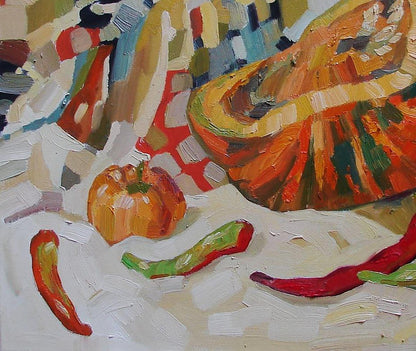 Oil painting by Tatyana Shulyak: orange pumpkin with peppers