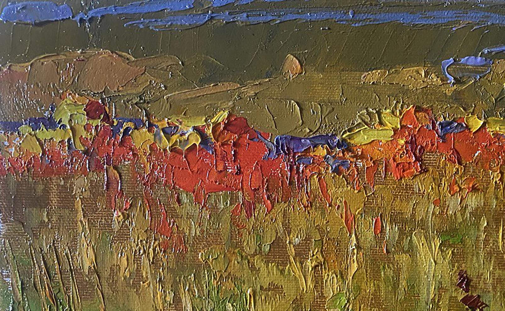 Oil painting Step to the Horizon by Oleksiy Ivanyuk, textured abstract with bold reds, yellows, blues on brown