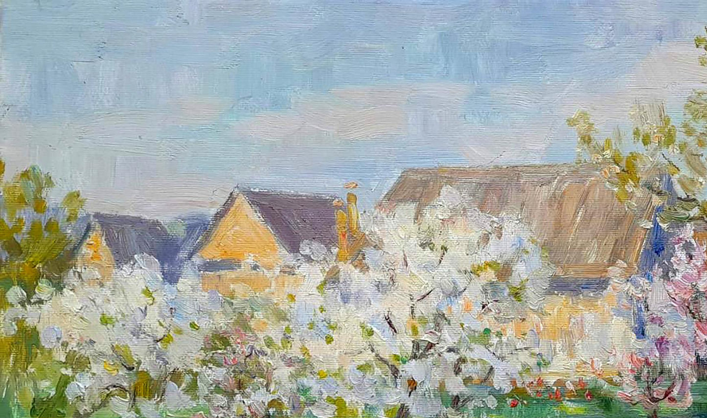 Impressionistic Oi painting by Ivan Kovalenko: tulips in garden village scene