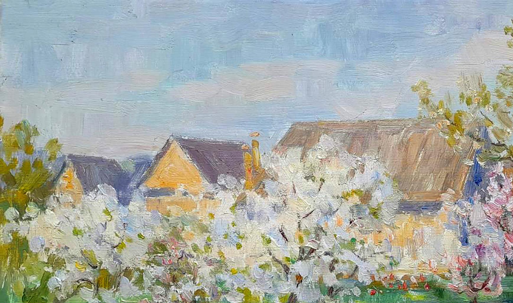 Impressionistic Oi painting by Ivan Kovalenko: tulips in garden village scene