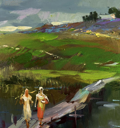 Oil painting by Yuriy Suprunchuk: girls walking on bridge over river