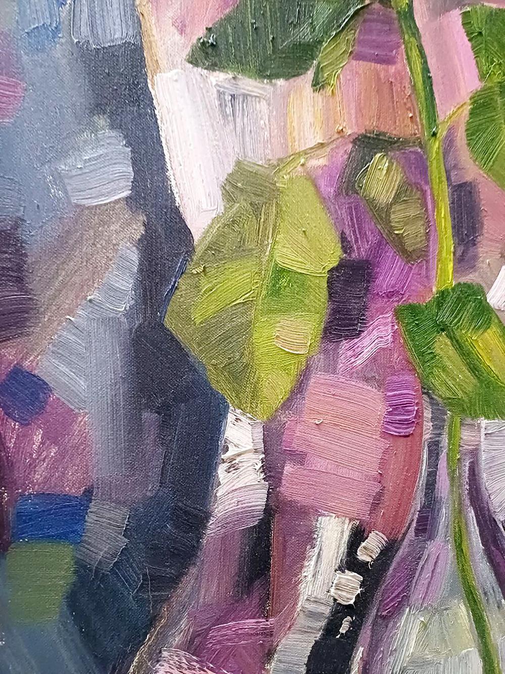 Oil painting White rose by Tatyana Shulyak with green leaves and purple pink abstract backdrop