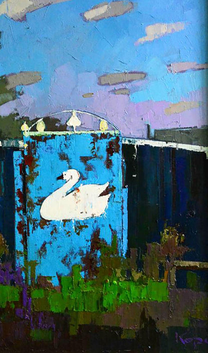 Oil painting Time Passes by Natalia Korf-Ivaniuk: white swan on weathered blue fence