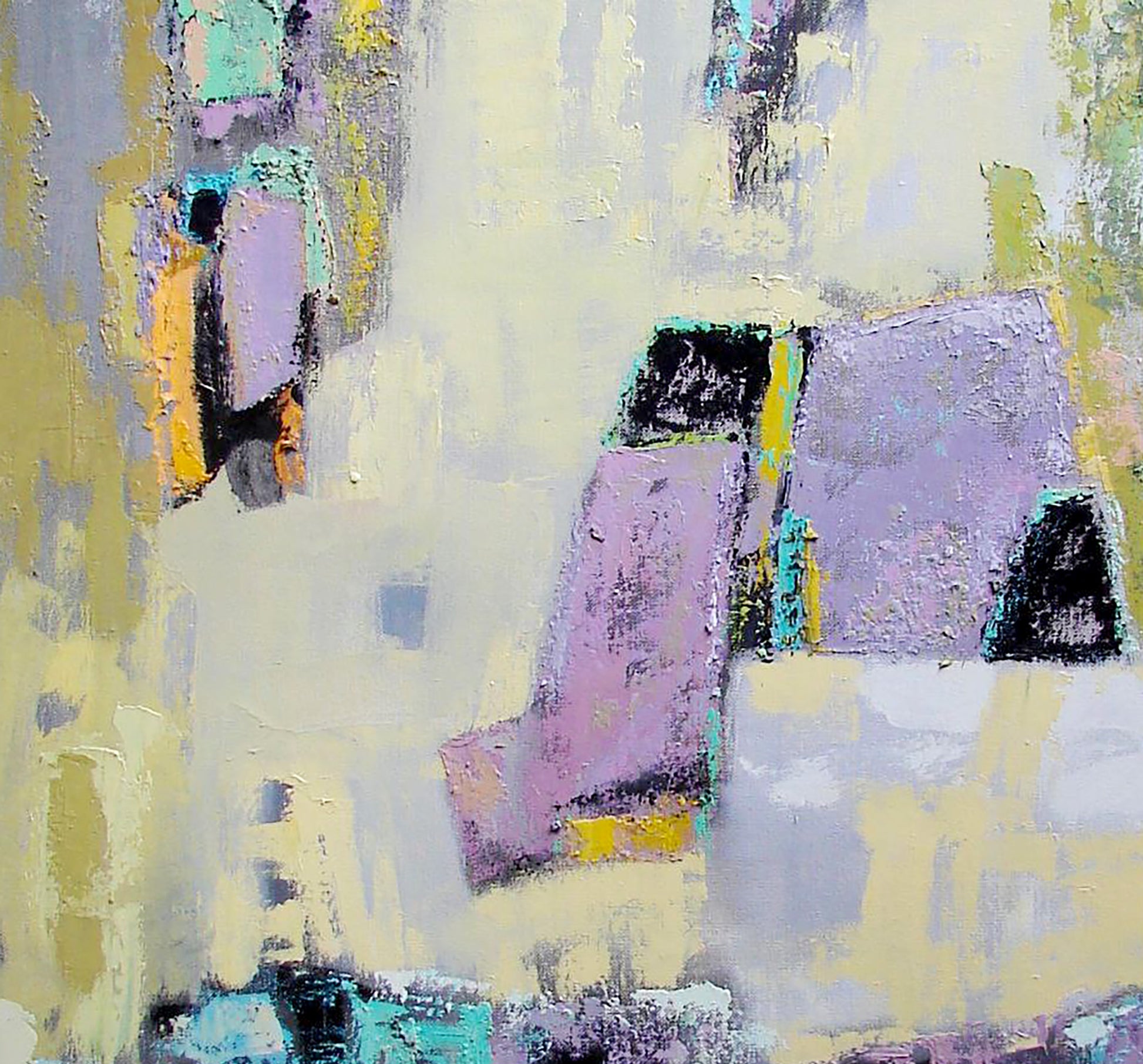 Oil painting Weaving by Tatyana Shulyak in lavender, yellow, teal hues