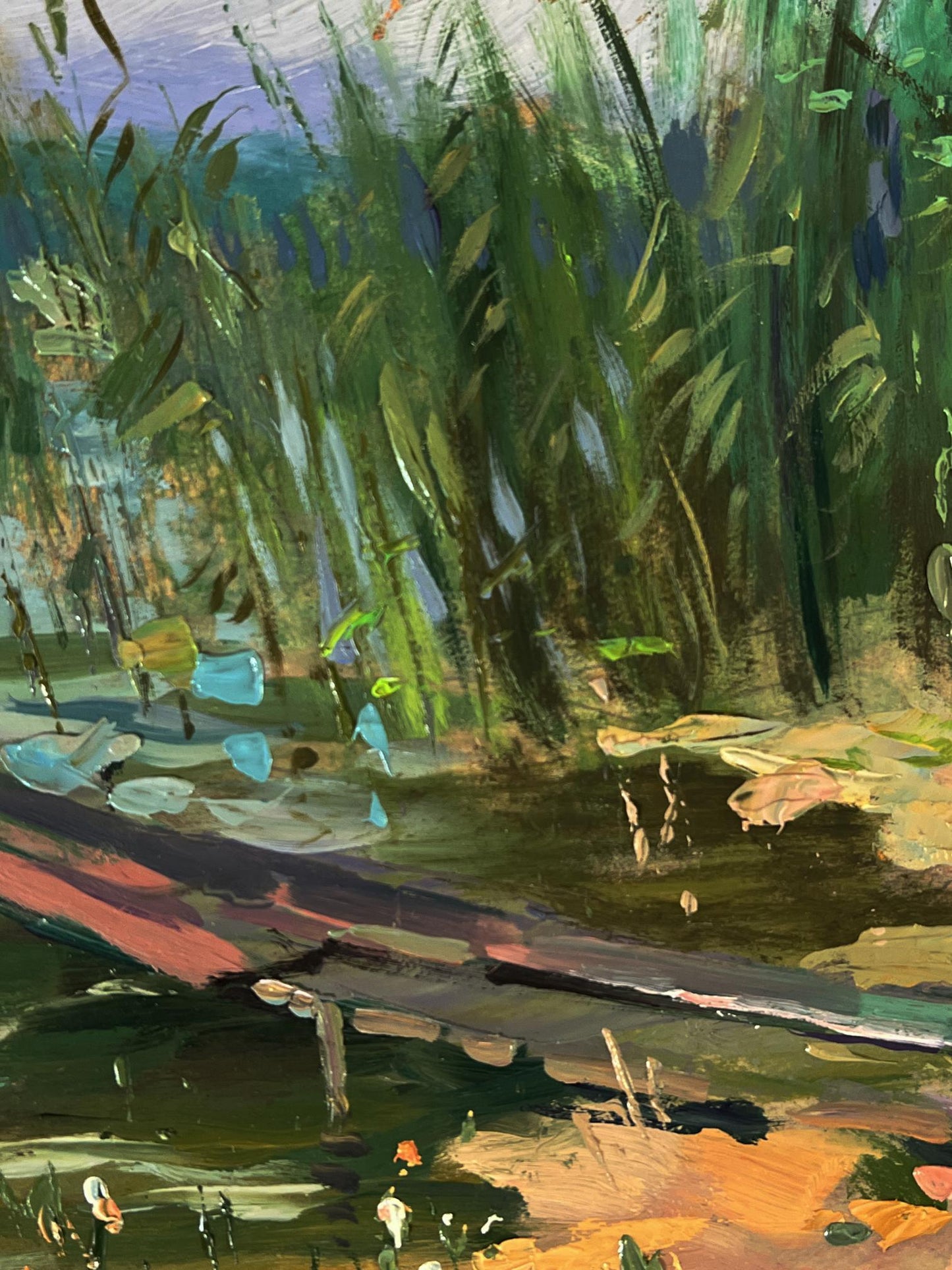 Vibrant impressionist oil painting of girls by reedy river with lily pads by Yuriy Suprunchuk
