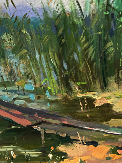 Vibrant impressionist oil painting of girls by reedy river with lily pads by Yuriy Suprunchuk