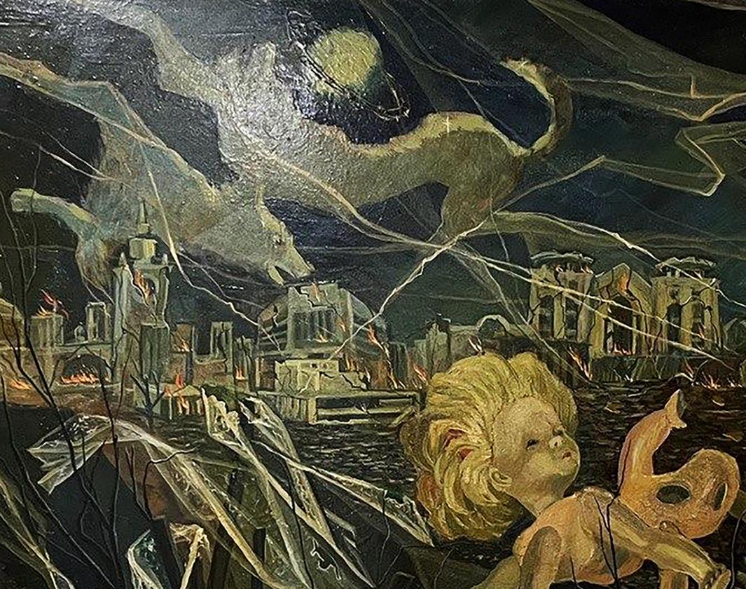 Oil painting Psychedelic Walk by Leonid Ilyinsky: golden-haired child and pale creature over ruins